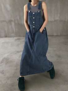 FRIFUL Đầm yếm denim không tay màu trơn có túi dành cho nữ, đầm mùa hè. - Rửa tối - Xem 4