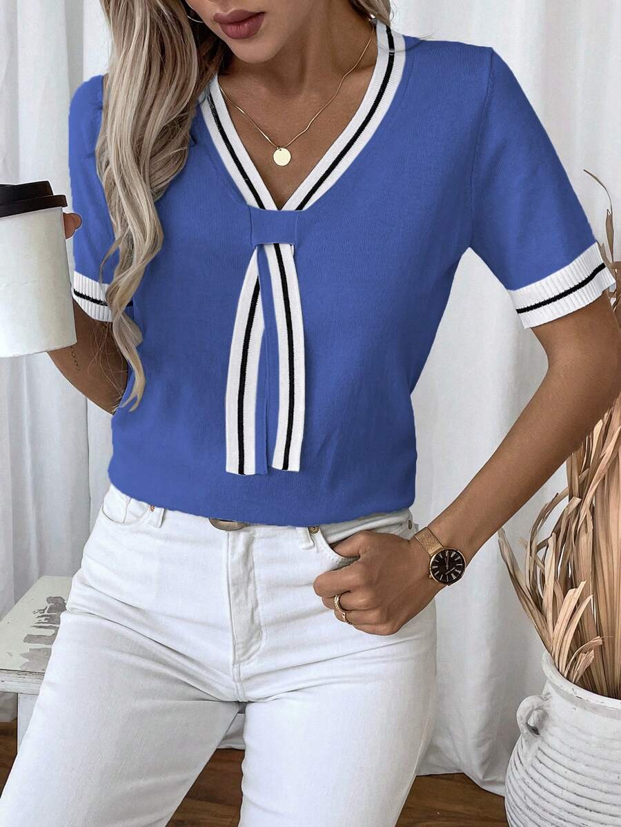 EMERY ROSE Áo len tay ngắn cho nữ có viền tương phản, thời trang cho mùa hè - Xanh đậm - Xem 1