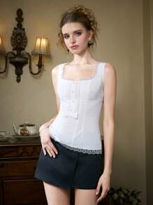 SHEINxHITOMI SHEIN MOD Lightweight Semi-Sheer White Blouse For Women, Featuring A Sweetheart Neckline, Decorative Lace-Up Design, And A Flared Hem, Ideal For Casual Comfort.