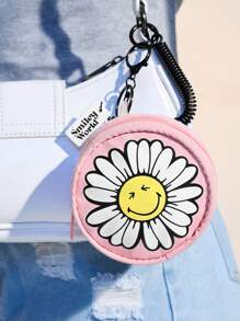 SmileyWorld® | SHEIN 1 chiếc ví đựng tiền xu tròn có họa tiết mặt cười dễ thương, khóa kéo, kèm dây đeo co giãn, có thể treo vào túi xách, phù hợp cho người lớn, có thể đựng tiền xu, thẻ ID, son môi, chìa khóa, vật dụng nhỏ, hình mặt cười, hoa cúc. - Bụi hồng - Xem 3