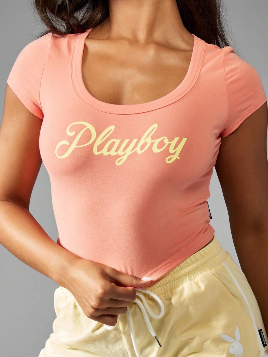 Missguided x Playboy Curve Hugging Baby Tee Crop Top Fitted Scoop Neck Short Sleeve Cotton Blend Summer Essential Athletic Lounge Active Wear