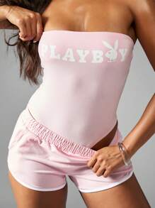 Missguided x Playboy Stretchy Bandeau Bodysuit With Matching Athletic Shorts Summer Exercise Dance Workout One Piece - Baby Pink - View 1
