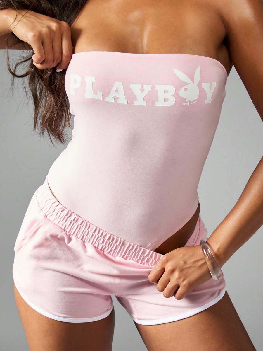 Missguided x Playboy Stretchy Bandeau Bodysuit With Matching Athletic Shorts Summer Exercise Dance Workout One Piece - Baby Pink - View 1