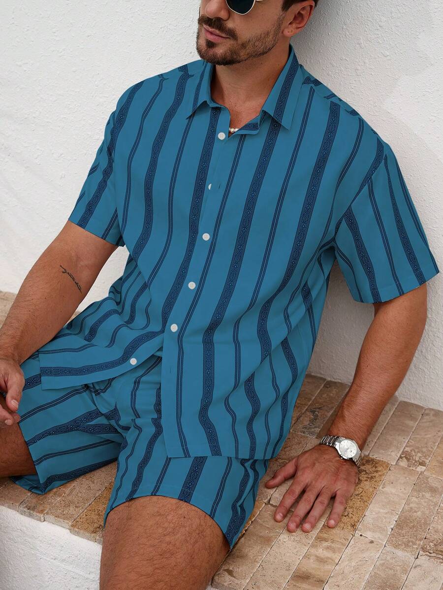 Manfinity Homme 2 件男士条纹短袖衬衫和短裤套装,休闲夏季服装 - 藍色 - 查看 1