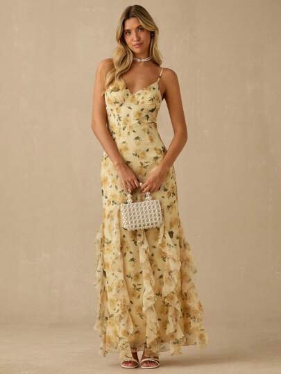 Enchnt Robe longue à volants à la taille cintrée avec imprimé floral jaune romantique pour femmes, style printemps/été. Doux, élégant et sexy pour les vacances, la plage, les rendez-vous, les fêtes, les remises de diplômes, les invités de mariage, les bals de promo. Robes d'été pour femmes. Vêtements d'été. Robes élégantes pour les fêtes. Vêtements bohèmes