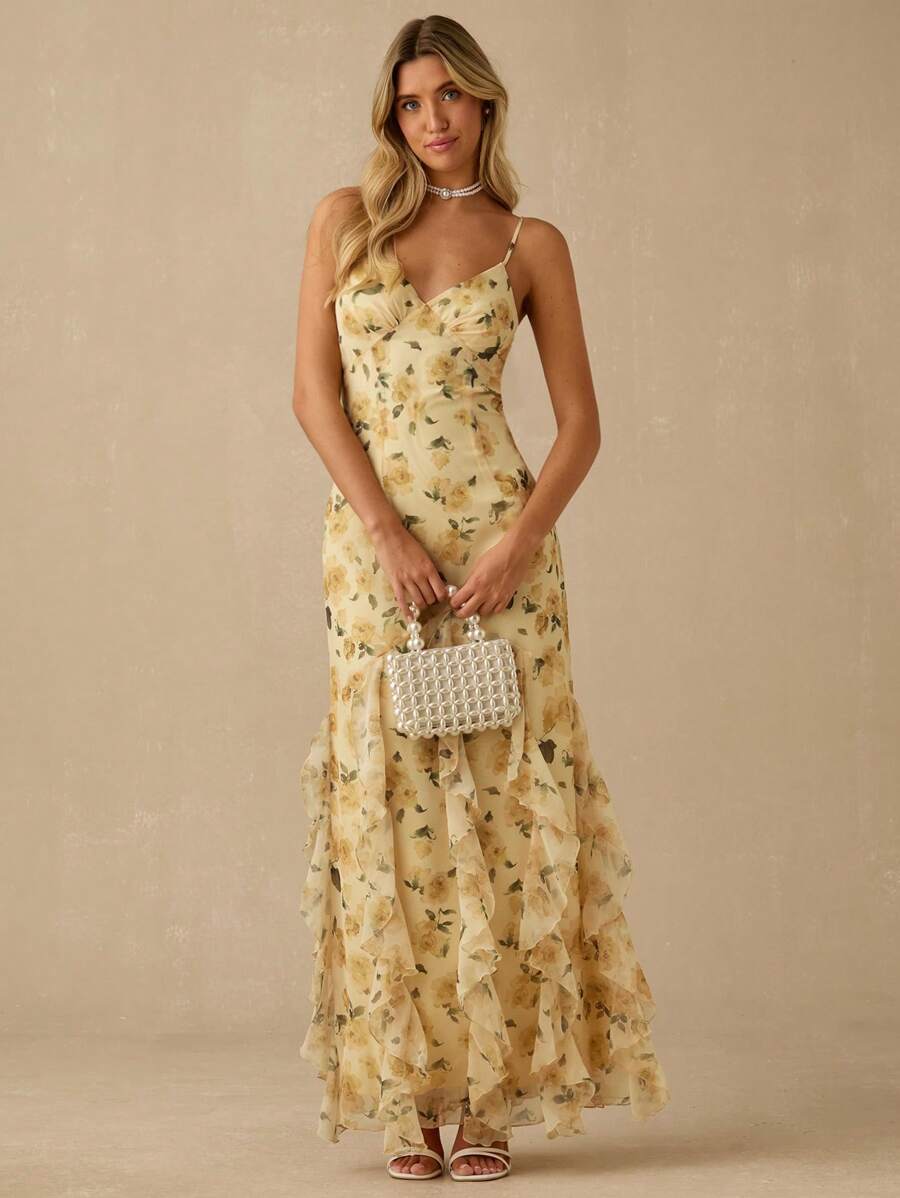 Enchnt 春夏浪漫女装时尚黄色花卉印花荷叶边下摆收腰吊带长裙，甜美优雅性感，适合度假、海滩、约会、节日、派对、毕业典礼和婚礼宾客，舞会礼服，女士夏季连衣裙，夏季服装，优雅派对连衣裙，波西米亚风格服装 - 黃色 - 查看 1