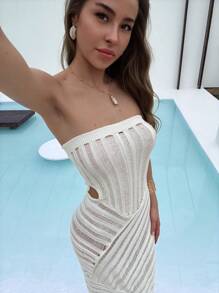 Aloruh Women's Summer Solid Color Hollow Asymmetric Hem Strapless Tube Knitted Dress - White - View 6