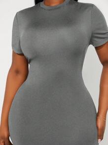 SHEIN SXY Vestido midi elegante de manga corta, de cuello redondo y ajustado en talla grande de un solo color