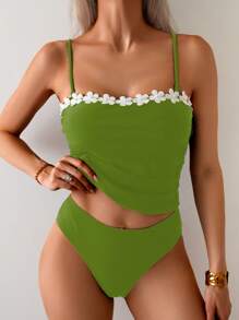 SHEIN Swim Springbreak New Elegant Solid 2pcs Swimsuit Set, Ruched Strap Minimalist Bikini Top & Bottom For Summer Beach Vacation - Green - View 1