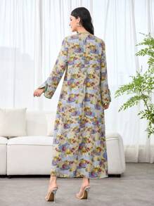 Yasmyna Rückwärts V-Ausschnitt Ölgemälde bedrucktes Arabisch-Stil Kleid für Damen, modisch