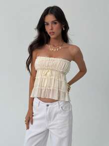 Aloruh Women's Elegant Sexy Island Vacation Solid Color Tops Music Festival Concert Y2K Young Girl Going Out Tops Daily Leisure Commuting Office Vest Apricot Ruched Sexy Tube Top, Summer,Graduation,Back To School Outfits