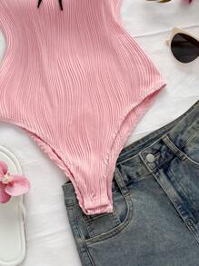 Soleia New Tie Ribbon Bow Knit Bodysuit, Elegant Color Block Vacation Casual Versatile - Baby Pink - View 8