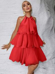 Firerie فستان أنثوي بلون واحد بسيط مكرطم و بدون حمالات - الأحمر - مشاهدة 3