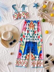 2 件女童几何图案吊带背心和松紧腰阔腿裤套装，彩色花卉图案休闲度假装，适合青少年，夏季