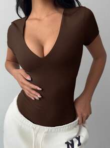 SHEIN BASICS 休閒素色V領短袖修身女款連身衣 夏季女裝套裝 - 棕色 - 查看 5