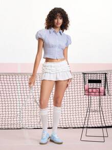SHEIN MOD Blusa con cuello a rayas y mangas abultadas linda - Azul y blanco - Ver 3