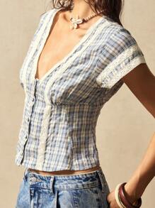 Bohemela Casual Solid Color V-Neck Short Sleeve Fitted Women's Blouse - Blue - View 4