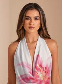 SHEIN BAE Casual All-Over Print Draped Neck Long Dress/Pink Ombre Dress/Island Vacation Dress/Resort Dress/Birthday Party Dress/Elegant Backless Dress For Women/Elegant Dresses For Party,Bodycon Dress Chic Dress - Multicolor - View 8