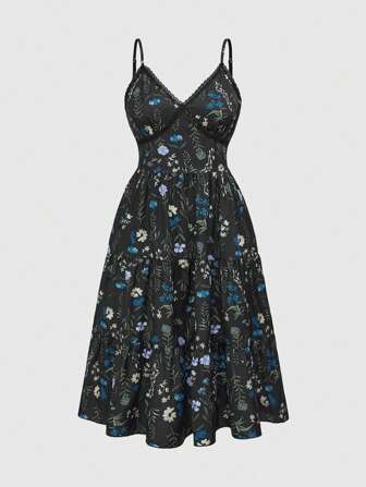 Vestido de tiras con encaje de contraste y estampado floral para tallas grandes