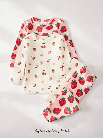 Cozy Pixies Conjunto de pijama de 4 piezas con top de manga larga de cuello redondo suave de punto y pantalón largo de cintura elástica con ajuste ceñido con estampado de fresa y cereza para niña joven