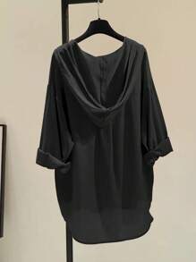 INAWLY Women's Solid Color Simple Daily Long Sleeve Shirt, Drawstring Hooded Blouse,Long Sleeve Tops Fall Cloth For Women - Black - View 2