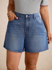 Elaquor Plus Size Summer Casual Washed Denim Shorts - Medium Wash - View 3