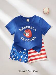 Cozy Pixies Baby Boys 4th Of July US Flag & Letter Print Short Sleeve T-Shirt And Red White Blue Printed Shorts Set, Summer Outfits, Independence Day Clothing - Blue - View 1