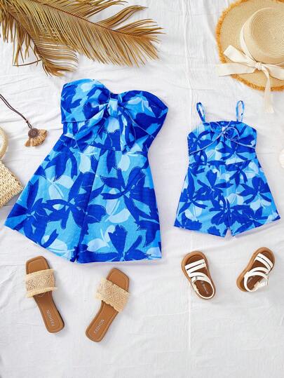 Travachic KIDS Mommy&Me Cute Summer Vacation Blue Bowknot Strap Romper For Babygirl