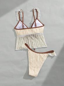 Swim Mod Women's Fresh Floral Lace Ruffle Adjustable Strap Bikini Set, Suitable For Summer - Beige - View 6