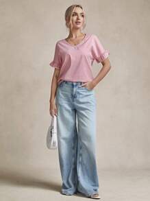 SHEIN LUNE Women's Gingham Printed Blouse With Front Tie, Ruffle Hem, Lantern Sleeve, Casual For Commuting & Outdoor Wear Summer Outfits For Women Vacation Outfits Woman Western Wear Women Boho