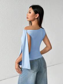 SHEIN PETITE Women Solid Color Cropped Tie Strap Asymmetrical Shoulder Top ,Petite Women - Baby Blue - View 2