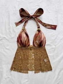 Soleia Parte superior sin mangas con cuello de halter, tejida en tela de malla calada con estampado retro de teñido anudado, con decoración de hebilla metálica y dobladillo en línea A, elegante y sexy para fiestas, citas, festivales, playa, verano