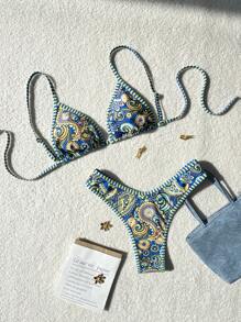 Swim Vcay 2 piezas Nuevo conjunto de bikini con corte alto y escote halter, con estampado floral pequeño y multicolor, para mujeres en playa y vacaciones