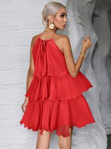 Firerie فستان أنثوي بلون واحد بسيط مكرطم و بدون حمالات - الأحمر - مشاهدة 2