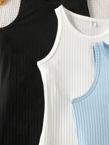 SHEIN 3件套少女纯色针织圆领无袖修身休闲迷你连衣裙套装 - 淺藍色 - 查看 5