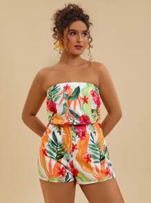 SHEIN VCAY Mono con estampado floral y cuello de halter talla grande, casual y elegante para usar todos los días, atuendos para el Día de San Valentín y vacaciones, ropa de mujer para vacaciones tropicales, regalos de Día de San Valentín para mujeres - Blanco - Ver 5