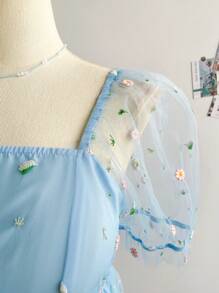 Soleia 大码度假浪漫扎染方领泡泡袖刺绣连衣裙 - 彩色 - 查看 3