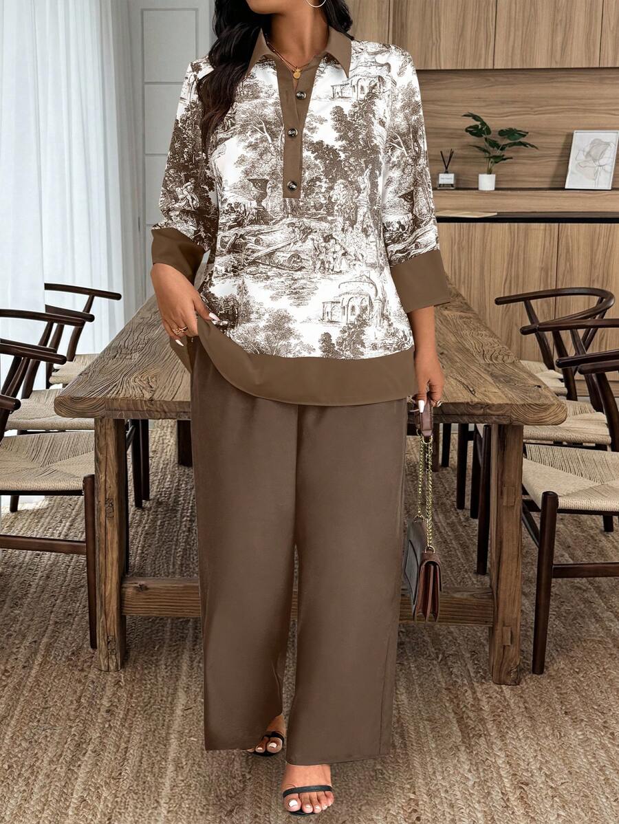 EMERY ROSE 2st/set Plus Size Enfärgad Patchwork Skjorta och byxor, slumpmässigt tryck - Kaki - Visa 1