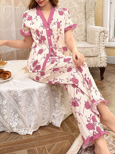 CottageSlumber 撞色荷叶边前开短袖和裤子花卉印花雪纺睡衣套装假日季节，丰富的花卉华丽舒适优雅的细节
