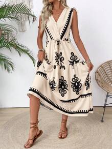 SHEIN Unity V-Neck Tie Front Printed Maxi Dress, Beach Vacation Women's Wear With Ruched Shoulder Tie Design - Apricot - View 3