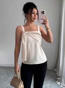 Elenzga Summer Casual Solid Color Tie-Knot Strap Camisole For Women - Khaki - View 1