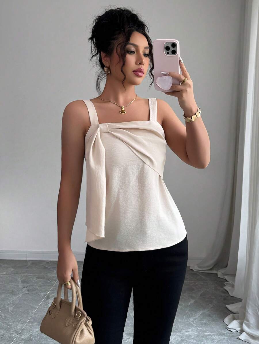 Elenzga Summer Casual Solid Color Tie-Knot Strap Camisole For Women - Khaki - View 1