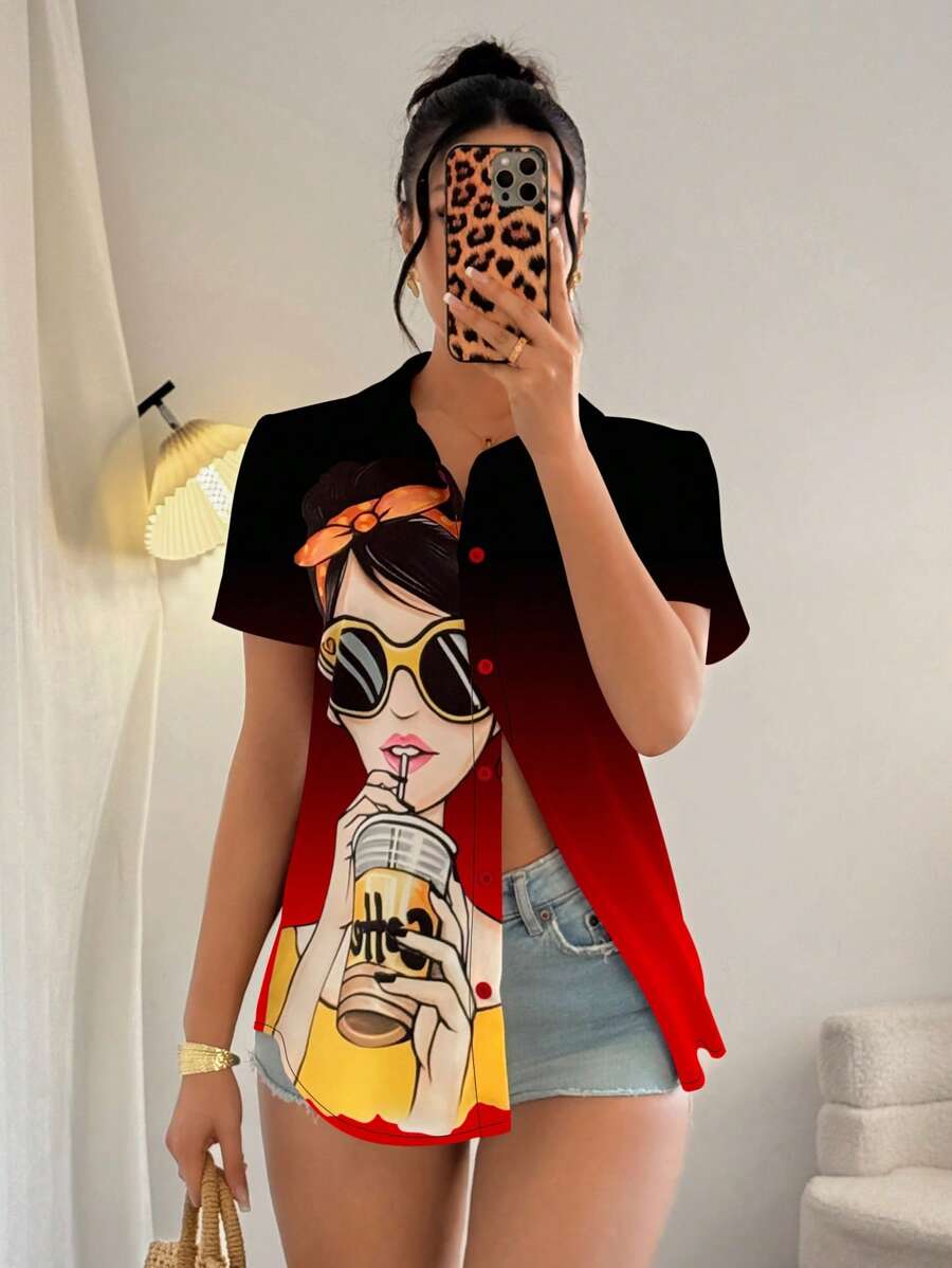 Elenzga Ombre Portrait Print Front Button Summer Short Sleeve Shirt - Multicolor - View 1