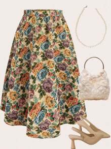 SHEIN Clasi Oil Painting Plus Size Holiday Women's Floral Half Skirt, High Waisted Elastic Waistband, Jacquard Design, Suitable For Summer/Autumn, Summer Women's A-Line Half Skirt, Clothing For Outdoor Wear - Multicolor - View 1