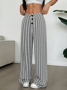 Flirla 2025 Spring/Summer Plaid Button Design Multicolor Jacquard Fresh Pants Fall Cloth For Women - Black - View 1