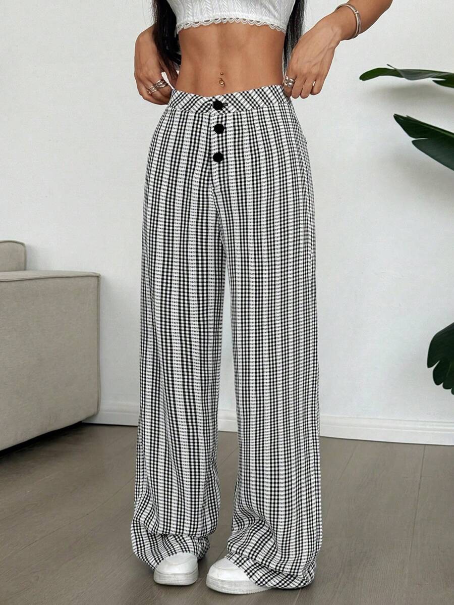 Flirla 2025 Spring/Summer Plaid Button Design Multicolor Jacquard Fresh Pants Fall Cloth For Women - Black - View 1