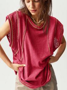 Bohemela Áo thun cổ tròn dệt kim màu trơn không tay rộng rãi đã giặt dành cho nữ - Màu Đỏ Sâu - Xem 3