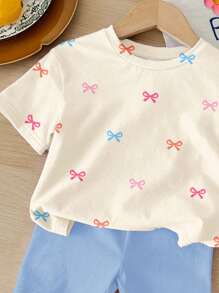 SHEIN Happikins 2pcs/Set Young Girl Casual Minimalist Short Sleeve Shorts Outfit, Suitable For Summer - Multicolor - View 4