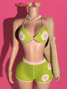 Slaydiva Green Floral,Summer,Boho,Vacation,Holiday Women 2Pcs Crochet Knit Swimsuit, Flower Pattern Triangle Bikini Top+Shorts,Music Festival Beach Party - Green - View 5
