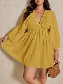 Elaquor 大码女式深V领灯笼袖纯色连衣裙